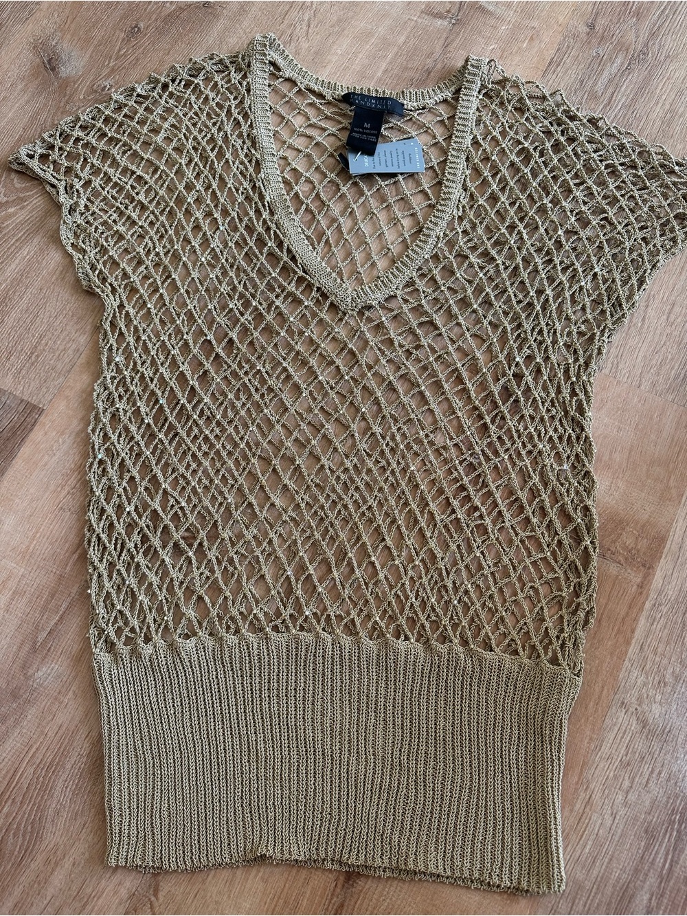 Open-Knit V-Neck Mesh Top with glass beads
